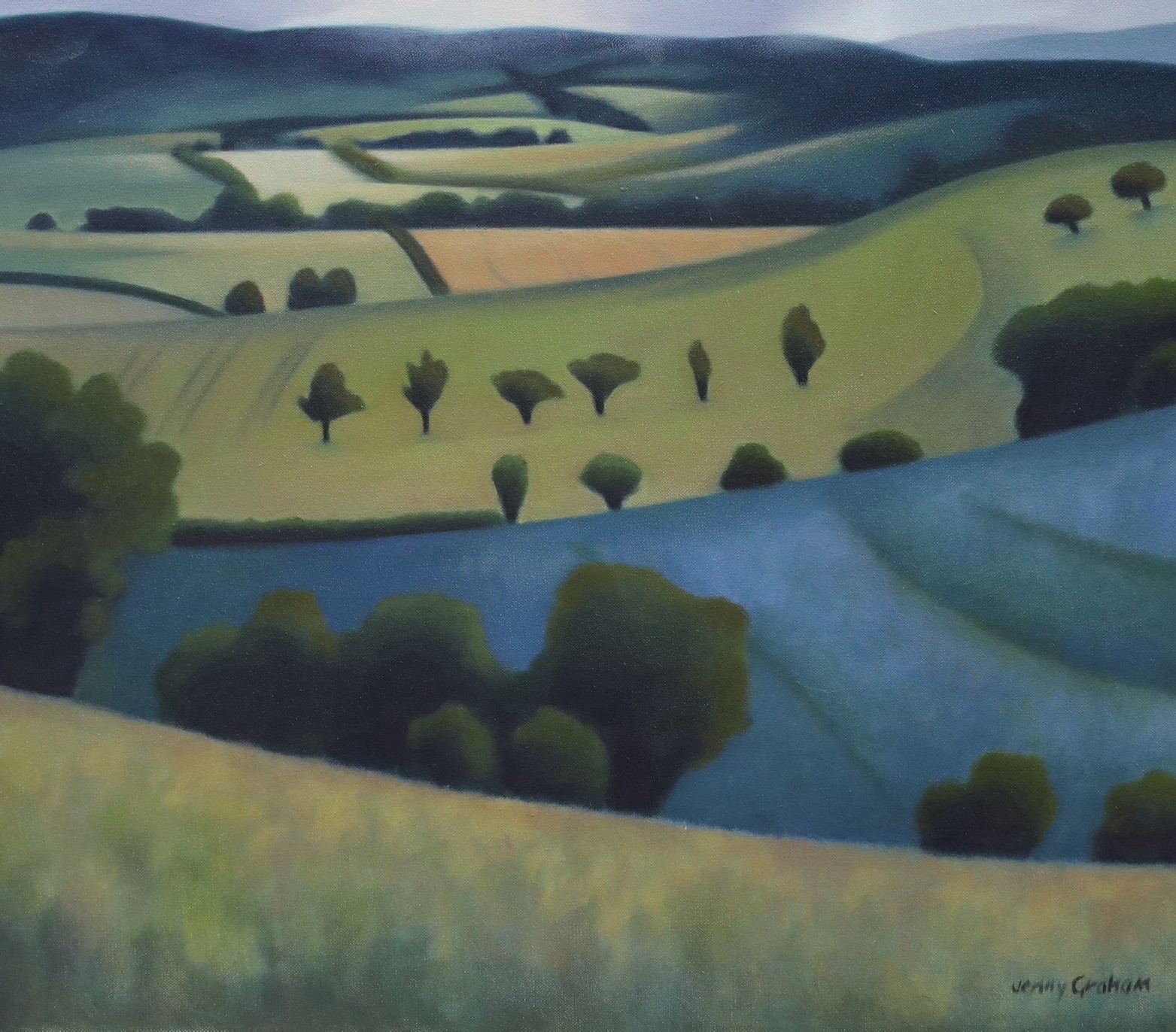 Jenny Graham (b.1946), oil on canvas, 'Blue field at Monksilver', signed with Sadler Street Gallery label verso, 60 x 70cm, unframed